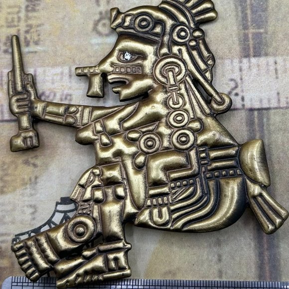 Jewelry - Vintage Huge Wearable Art Aztec Warrior Metal Brooch Pin Crystal Eye